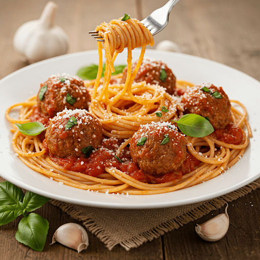 Klassisk spaghetti med kjøttboller og tomatsaus