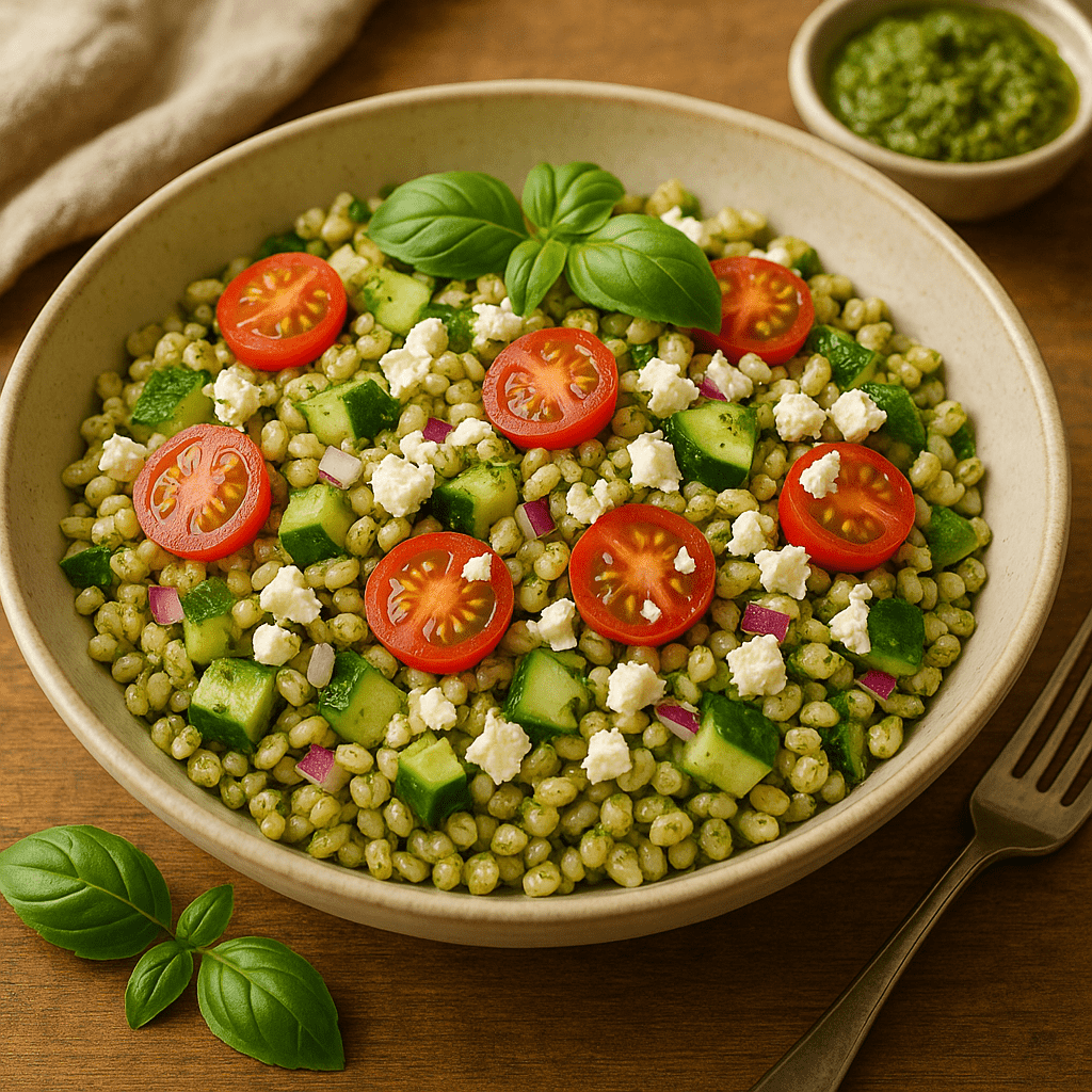 Perlebyggsalat med grønn pesto og feta